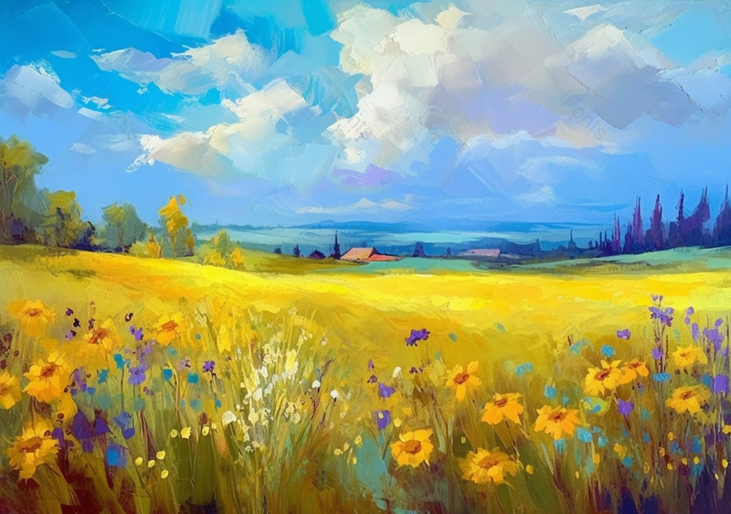 夏日晴朗蓝天白云平原黄色花丛田园风格油画插画素材,插画/手绘图,插画/手绘图库,插画/手绘图下载,插画/手绘